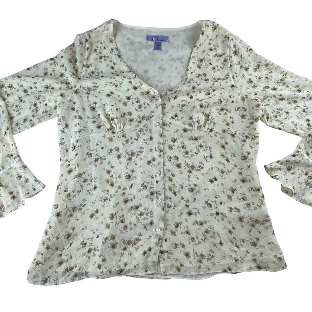 Nine & Co by Nine West Women Floral V-Neck Button Front Bell Sleeve Blouse 16